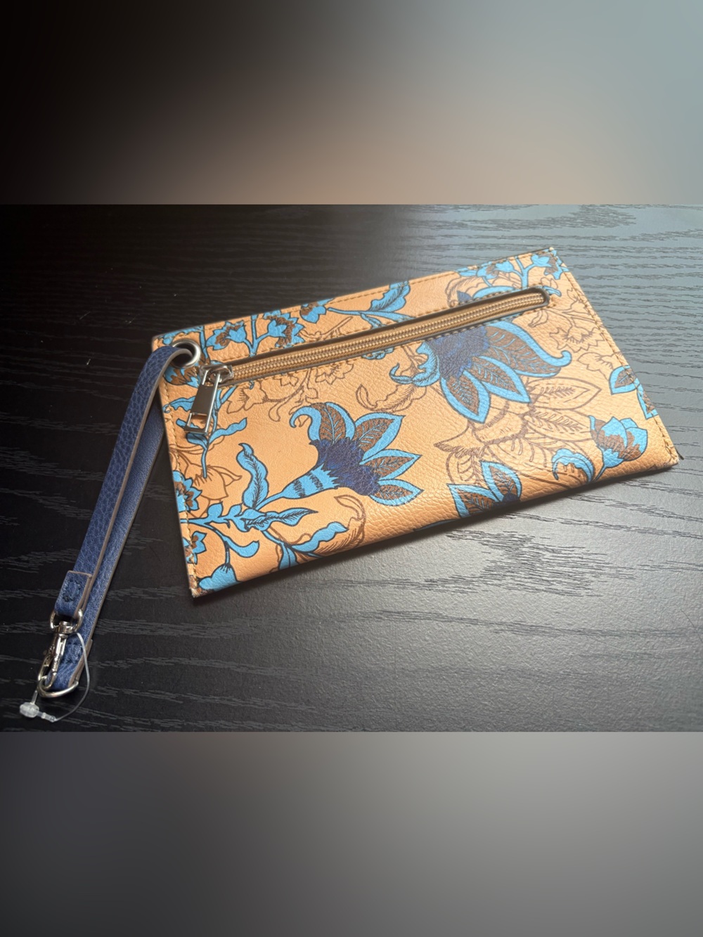 Blue Floral Print Tan Wristlet Card Wallet